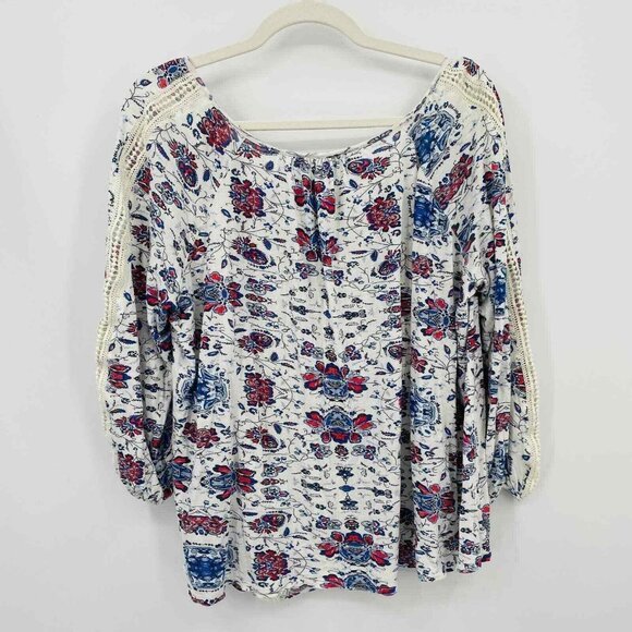 Lucky Brand Peasant Blouse Womens Small White Blue Lace Country Oversized - Picture 5 of 5